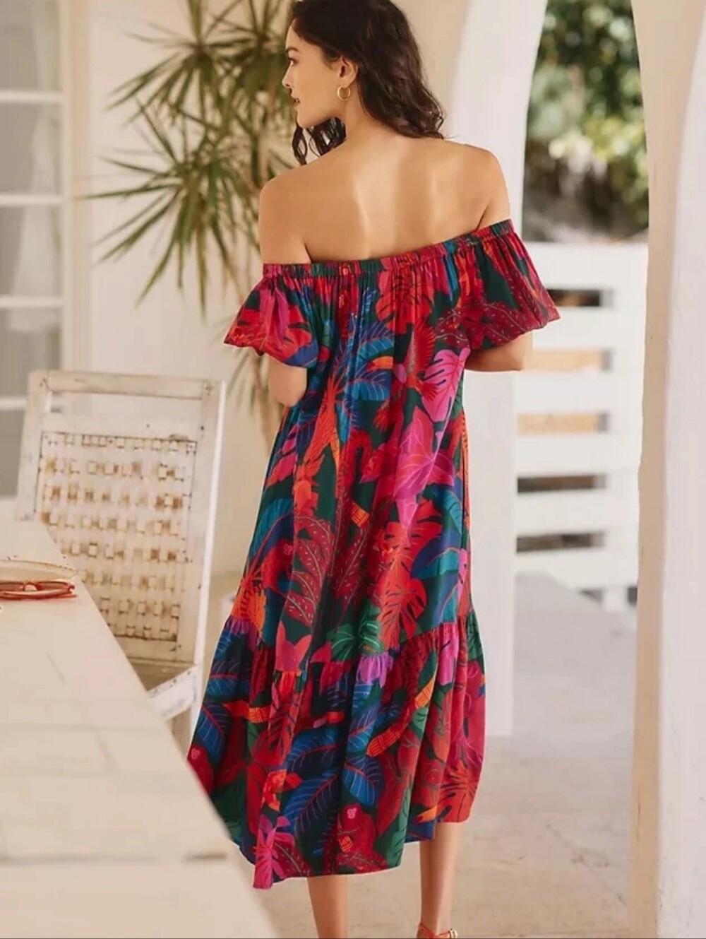 FARM RIO Off Shoulder Dress  Anthropology Tropical Leaf Tiered Size MED - Picture 8 of 8